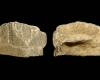Fragment einer Eckkachel mit Karyatidenpfeiler über quasthaltender Maske, unglasiert, 17. Jh., H. 5,0 cm, Br. 6,7 cm, Frankfurt a. M., Historisches Museum