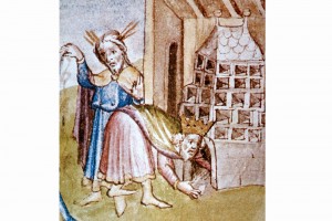 Historis Scholastica des Petrus Comestor: Heizen eines Kachelofens Kolorierte Zeichnung, Salzburg 1448 (Hazlbauer 2003, S. 182, Abb. 2)