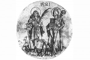 Der heilige Polykark (re.) mit einem Kachelofenmodell. Kupferstich eines unbekannten Meisters, datiert 1491 (spiegelverkehrt)