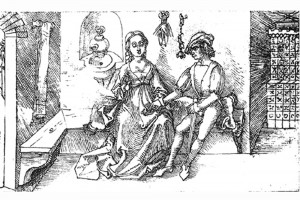Illustration des Ternez: Thais will dem Chremes seine Schwester wiedergeben und zeigt ihm ihr Erkennungszeichen. Zeichnung von Albrecht Dürer, um 1492