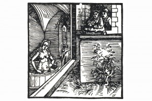 Illustration aus "Ritter vom Tun": Bathseba im Bade. Holzschnitt eines unbekanntne Meisters, herausgegeben in Nürnberg 1493 (Franz 1981, S. 64, Fig. 23)
