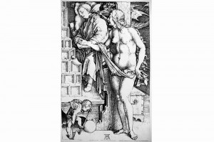 Der Traum (Die Versuchung). Kupferstich von Albrecht Dürer, Nürnberg, 1498 (Franz 1981, S. 65, Fig. 25)