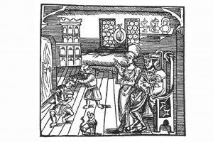"Freidank": Häusliche Kinderzucht. Holzschnitt, herausgegeben von Sebastian Brant, Straßburg 1508 (Roth Heege 2012, S. 156, Abb. 258)