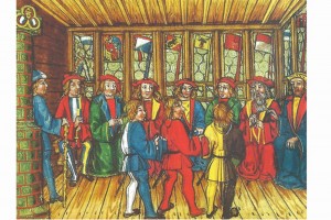 Stube mit Kachelofen mit Luzerner Kantonswappen unter dem Reichsadler. Buchmalerei, Nordschweiz, 1513 (Roth Heege 2012, S. 155, Abb. 254)