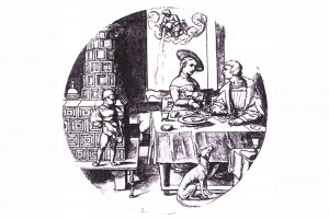 Häusliche Szene. Zeichnung von Sebald Beham, um 1520 (Hazlbauer 2003, S. 180, Abb. 1)