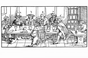 Sieben Männer klagen über ihre Weiber. Holzschnitt von Erhard Schoen, Nürnberg 1531 (Franz 1981, S. 67, Fig. 27)