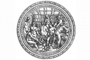 Das Frauenbad. Holzschnitt von Hans Sebald Beham, Nürnberg, um 1540 (Roth Heege 2012, S. 157, Abb. 260)