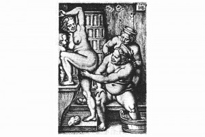 Drei Frauen in der Badestube. Kupferstich von Hans Sebald Beham, Nürnberg, um 1550 (Hazlbauer 2003, S. 184, Abb. 1)