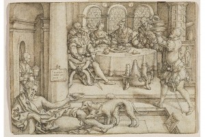 Die Geschichte vom reichen Mann und vom armen Lazarus. Kupferstich von Heinrich Aldegrever, 1554