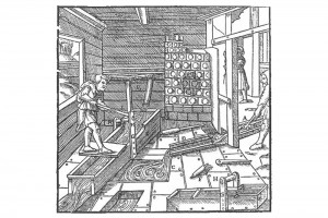 Das erste Gerinne. Holzschnitt in Georg Agricolas "De re metallica", achtes Buch, 1556 (Roth Heege 2012, S. 159, Abb. 265)