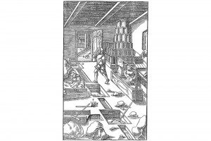 Das Gerinne (2). Holzschnitt in Georg Agricolas "De re metallica", achtes Buch, 1556 (Alexandre-Bidon 2000, S. 199, Fig. 05)
