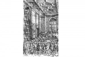 Kaiserliche Tafel in der Wiener Hofburg. Radierung von Hans Sebald Lautensack in Francolins Turnierbuch, 1560 (Franz 1981, S. 63, Fig. 20)