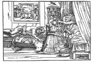 Moritat von Oberhasel: Die Tochter erschlägt ihren Vater. Holzschnitt eines unbekannten Meisters, 1567 (Bedal 1997, S. 51)