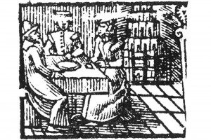 Kartenspieler. Kupferstich aus einem Deventer Almanach, 1575 (Hazlbauer 2003, S. 179, Abb. 3)