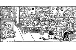 Lateinschule. Holzschnitt eines unbekannten Meisters in der Nachfolge von Albrecht Schmid, Nürnberg, Ende 16. Jahrhundert (Alexandre-Bidon 2000, S. 204, Fig. 11)