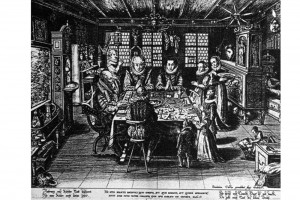 Familie beim Tischgebet. Kupferstich von Dominicus Custos (nach 1550 - 1612), um 1600