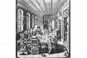 Familie beim Tischgebet. Kupferstich von Rahael Custos (1590 - 1664), Augsburg, um 1600