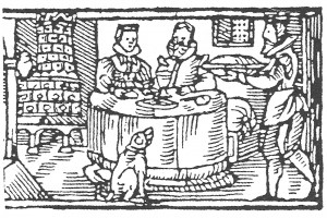 Pilsner Kalender: Januar mit Gastmahl. Holzschnitt von J. Wittenberg , 1604 (Hazlbauer 2003, S. 180, Abb. 3)