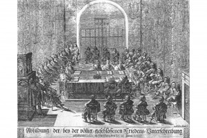 Die Koalition des schwedisch-kaiserlichen Hauptrezesses in der Nürnberger Burg. Kupferstich von Johann Haeberlin, 1650