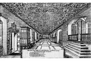 Prunksaal eines Schlosses. Kupferstich, 1673