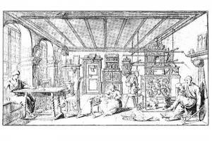 Stube mit Ofen. Federzeichnung, Augsburg (?), dat. 1736 (Roth Heege 2012, S. 165, Abb. 275)