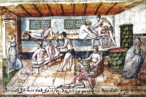 Stammbuch des Abel Prasch: Die Badestube. Kolorierte Zeichnung, Augsburg, um 1580 (Loibl 2008, S.79)