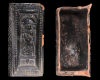 Fragment der Schmalseite einer über Eck geführten Blattkachel mit der heiligen Ursula dunkelbraun glasiert, 17. Jh., H. 26,9 cm, Br. 13,2 cm, Escherndorf, Privatbesitz